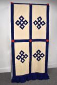 Four Tibetan banners or door curtains, in natural cotton canvas, two bearing the endless knot symbol