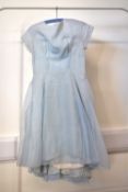 A 1940-1950s occasion dress in baby blue sheer effect fabric, haivng a slash neck and cap sleeves