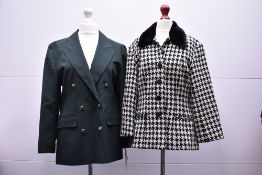 Five 1980s-1990s formal-wear pieces, comprising two jackets, a coat and a two-piece suit. A 1990s
