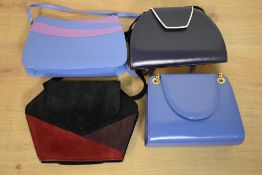 Four 1980s cross-body bags. A Clarks black, purple and maroon suede hexagonal example, a Jaques Vert