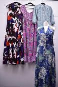Eleven pieces of multicoloured and floral 1980-1990s ladies spring and summer clothing, featuring an