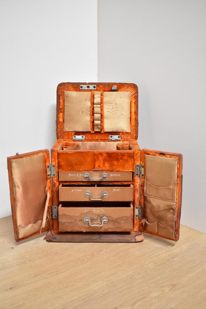 A Victorian sewing chest / box in orange velvet with brass fixings, having inner drawers labelled ' - Image 20 of 33