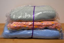 Three traditional lap blankets in peach, powder blue and sage green. Along with three scarves, a