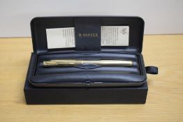 A boxed Parker Sonnet Dimonte G converter fill fountain pen in gold having Parker nib