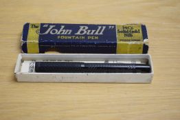 A boxed John Bull No2 lever fill fountain pen in BHT with chaised design having a warrented 14ct 1st