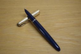 A Parker 51 MKII aerometric fill fountain pen in navy blue with rolled gold cap. Very small dents to