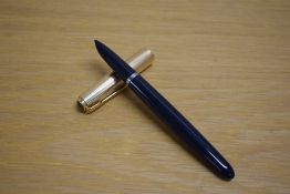 A Parker 51 MKII aerometric fill fountain pen in navy blue with rolled gold cap.