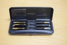 A boxed Parker Sonnet converter fill fountain pen, propelling pencil and ballpoint pen set in