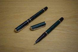 Two Waterman Laureat rollerball pens in Green Black marble