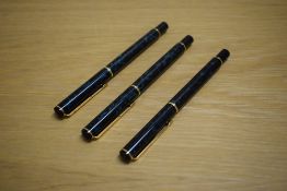 Two Parker Rialto converter fill fountain pens and a rollerball pen in Laque Aqua