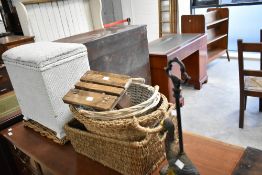 A small selection of baskets etc including wicker tray and a woven fibre blanket box