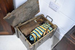 A vintage wooden ammunition box and tools etc