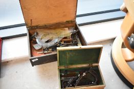 A vintage tool box, containing draughtsman type tools etc and a Faithfull 778 plane