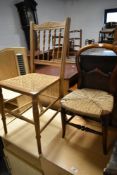 A Victorian cane seated bedroom chair and a childs chair having strung seat