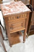 A traditional golden oak night or plant stand having rouge marble top, height approx. 82cm