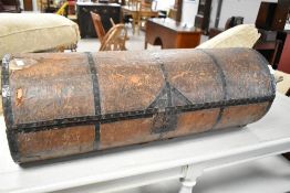 An antique leather stage coach trunk of cylindrical form, width approx. 89cm