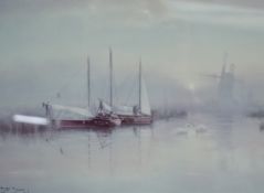 After David F. Dane (British contemporary) colour print, Norfolk Broads scene with boats and