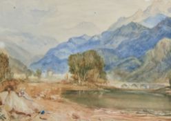 A 19th century English school watercolour, mountainous lakeland scene with bridge and resting