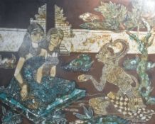 A large and attractive mid century Indonesian Batik, depicting two young kneeling girls and deity