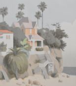 After William Buffett (American b.1935) two coloured prints, tropical coastal scenes with buildings,