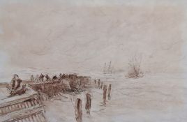 Attributed to David Cox (British 1783-1859) pencil and watercolour wash, Dover Old Pier, entitled