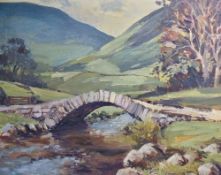 Local interest* T Brown (British 20th century) oil on board, lakeland landscape with bridge,