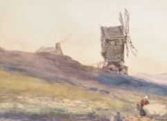 After John Skinner Prout (British 1806-1876) watercolour, rural windmill scene with lone figure,
