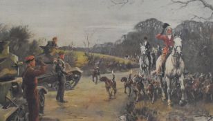 Artist unknown, 20th century colour print showing a British hunting party meeting soldiers with