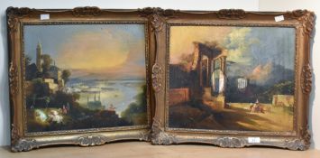A pair of 19th century style Continental school oil on papier mache panels with inset Mother-of-