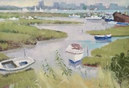 Dennis Hill (British 20th/21st century) oil on board, Poole Harbour Backwaters, signed lower