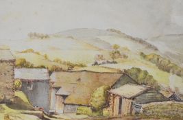 Bertha Wood, 20th century English school watercolour, 'Lothersdale' farm buildings and surrounding