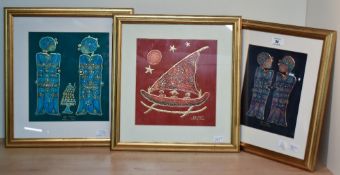 A group of three modern Balinese acrylics on paper, two depicting figures and one a fishing boat