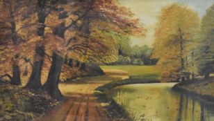 Artist unknown, oil on panel, autumnal wooded landscape, possibly Williamson Park Lancaster, artists