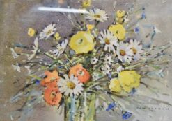 Tom Oldham (British 1928-2019) watercolour, attractive still life study, vase of flowers, signed