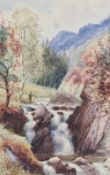 G.H Pettitt (British 19th century) watercolour 'Stickle Ghyll, Langdale' with figure fishing, signed