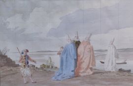 Claude William Harrison (British 1922-2009) Pencil and watercolour sketch, untitled, Pierrots and