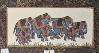 An attractive Indo-Persian/Mughal school painting on silk, depicting a troop of elephants with