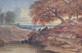 Attributed to George Berret Jnr (British 1767-1842) watercolour, river scene with resting shepherd