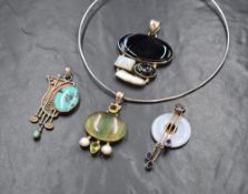 A Paula Bolton silver citrine, fluorite, peridot and pearl pendant on a torque necklace, along