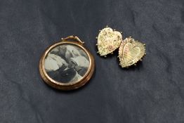 A yellow metal double heart Mizpah brooch, having bead decoration with one side have 'Mizpah' the