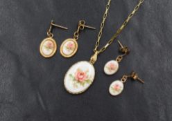 A 9ct gold paper link chain with enamelled rose pendant with two pairs of matched earrings, chain