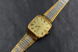 A Longines automatic wristwatch, the square golden dial with Roman numerals and date aperture,