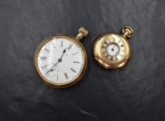 A Waltham 14ct gold plated open face top wound pocket watch, the white dial having Roman numerals,