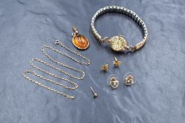 A small selection of 9ct gold and yellow metal jewellery including 9ct gold vintage wrist watch with