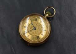 An 18ct gold open face top wound pocket watch, the golden dial having Roman numerals and floral
