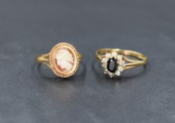 A 9ct gold cameo ring, the cameo depicting a maiden in profile in a twisted rope mount, along with a