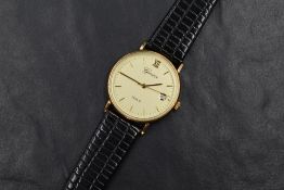 A 9ct gold Geneve wristwatch, the golden dial having baton and Roman numerals with date aperture