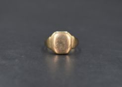 A 9ct gold signet ring, the square panel of plain design, ring size J-K, 3.3g