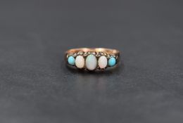 A 9ct rose gold opal and turquoise five stone ring, the three graduated central opal cabochons,