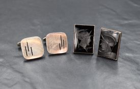 A pair of Danish silver cufflinks, the square panels having enamel line decoration on solid bar